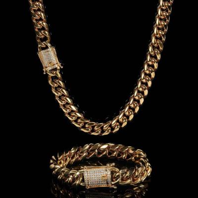 China Hiphop 12mm 14 Inch 14k Outlet Stainless Steel Zirconia CZ Dialond Hip Hop Miami Necklace Silver Iced Out Cuban Link Chain Bracelet For Women for sale