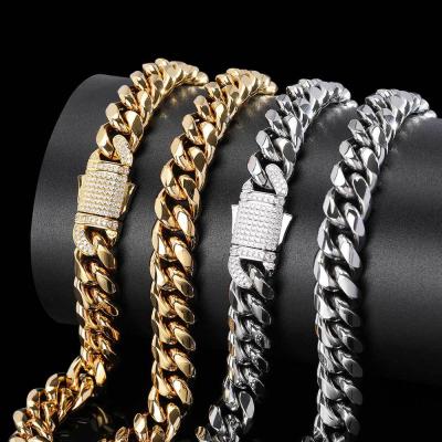 China Mass Micro 12mm Wide Hiphop 10mm Pave Cuban CZ Spring Buckle Stainless Steel Hip Hop Miami Chain Link Bracelet With Moissaites Diamonds for sale