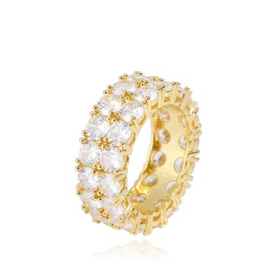 China CLASSIC Fashion Selling CZ Diamond Wedding Engagement Hollow Luxury 18k Gold Plated Double Rows Hiphop Men's Unisex Hip Hop Iced Out Ring for sale