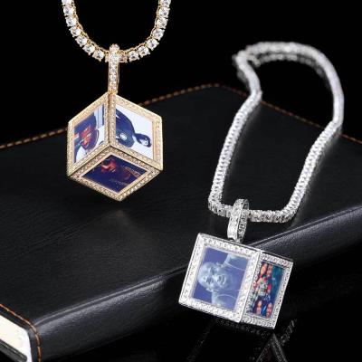 China Long color retaining hip hop bling CZ image jewelry couples photo necklace suqare 6 photo hoder necklace cube photo pendant pendant for sale