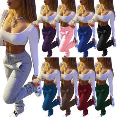 China 2022 Autumn Winter Solid Color Elastic High Waist Casual Thick Anti-pilling Sweatpants Stacked Pants Women Trousers for sale