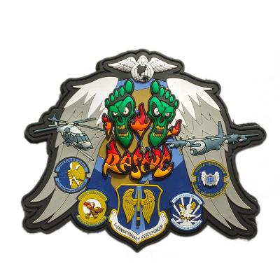 China 3D Logo Rescue Group Badge Free Design Embossed PVC Patches Custom Silicone Stickers Rubber Label Mark Tags With Hook And Loop for sale