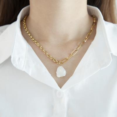 China 2021 Trendy Trendy Gold Plated Necklace Paperclip Chain Baroque Freshwater Pearl Pendant Necklace For Women for sale