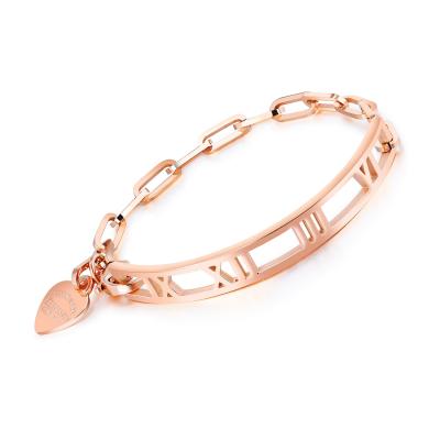 China Hot Simple Ladies Stainless Steel Roman Numerals Heart Shape Bracelet Rose Gold Plated Bracelet For High Quality Item for sale