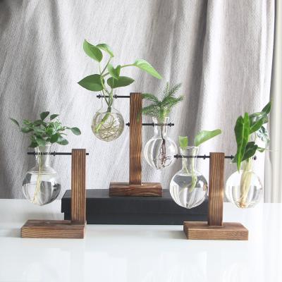 China Eco-friendly Indoor Home Office Hydroponic Glass Station Vase Decor Vintage Wooden Frame Test Tube Vase Planter for sale