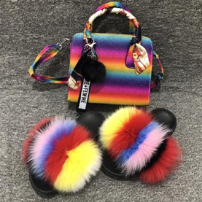 China 2021 Fashion Factory Wholesale Fur Slippers Backpack Messenger Bag Jelly Handbag With Fur Slides Set for sale