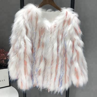 China Casual Design Casual Women Fashion Real Raccoon Fur Kint Jacket / Raccoon Fur Knitted Coat for sale