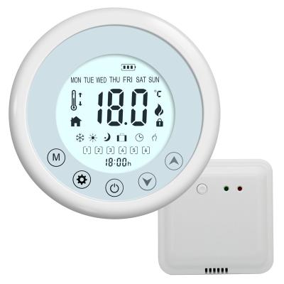 China 7 Days Programmable Energy Backup Beok New Arrive Round LCD Screen RF Wireless Smart Room Thermostat For Gas Boiler Heating System for sale