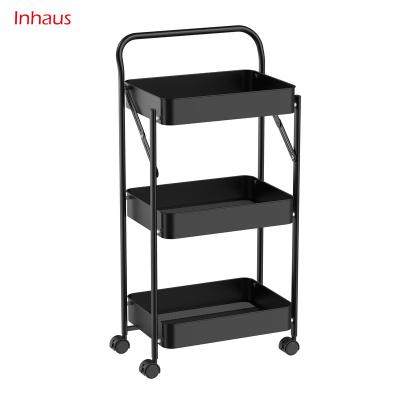 China Multifunctional Storage Cart, Foldable Organizer Cart with Casters, 3 Rows Serving Metal Rolling Mobile Serving Cart for Kitchen Bathroo for sale