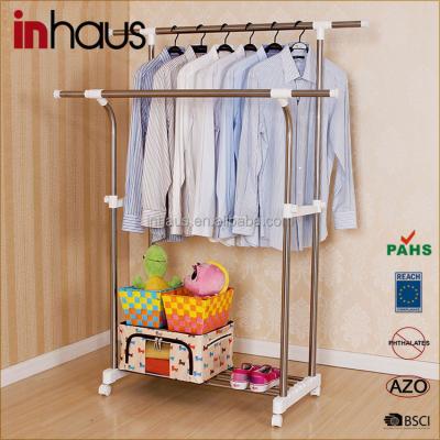 China 2017 Double Rail Stainless Steel Heavy Duty Telescopic Hanging Adjustable Garment Rack Cloth Rack Adjustable for sale