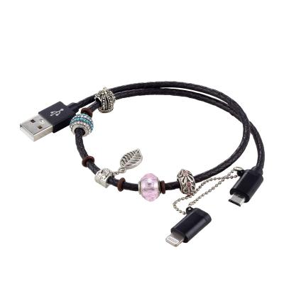 China Genuine Leather Braiding with Fancy Charms and Custom Your Own Style Fill Line Manufacturer 2in1 Professional Cable Usb Data Line for sale