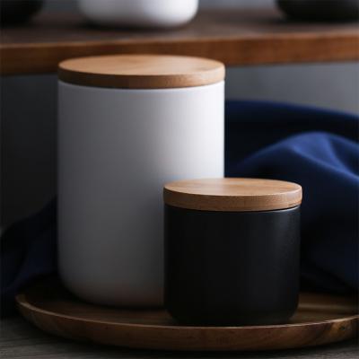 China Home Decor Cheap Home Decor 8oz Candle Jar Matte Black White Ceramic Vessel Holder With Bamboo Wood Lid for sale