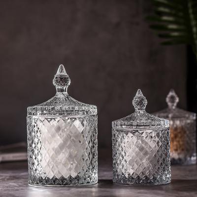 China Unique Design 250ml 500ml 8oz 16oz Home Decor Universal Antique Geo Cut Glass Candle Jar Candy Candle Jar With Lids for sale