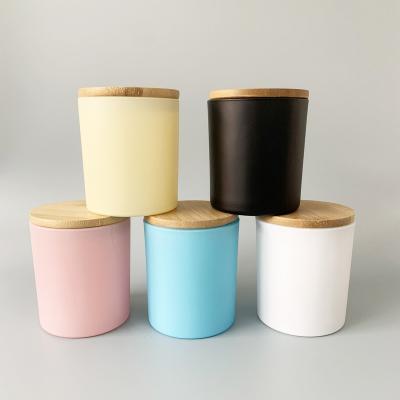 China Home Decor Wholesale Custom Private Label Frosted Black Glass Candle Containers Holders Ship Jars With Metal Wood Lid For Candle Making for sale