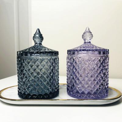 China Home Decoration 4oz 8oz 20oz Luxury Custom Private Label Colored Geo Cut Unique Design Glass Candy Candle Jar With Lid for sale