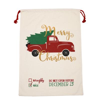 China High Quality Canvas Printed Christmas Cloth Cotton Canvas Christmas Decoration Sack Drawstring Bag Hanging Christmas Gifts Santa Sack for sale