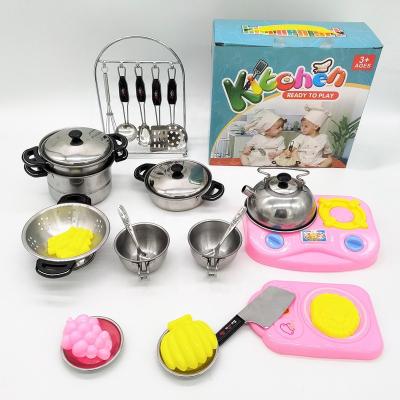 China Hot Sale Metal Children Pretend Play Mini Stainless Steel Kitchen Cookware Toy Play Set For Kids for sale