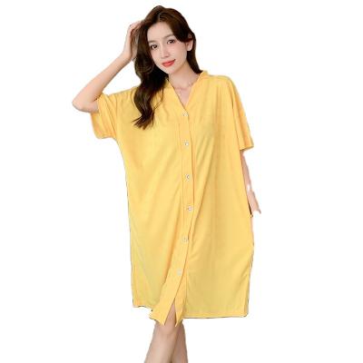 China Summer Loose Soft Sexy Women's Solid Color Cardigan Shorts QUICK DRY Sleeve Cotton Princess V-Neckline Nightgown for sale