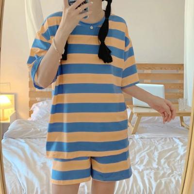 China Korean cute double stripe suit milk silk cartoon QUICK DRY short sleeved pajamas shorts women's sleepwear for sale