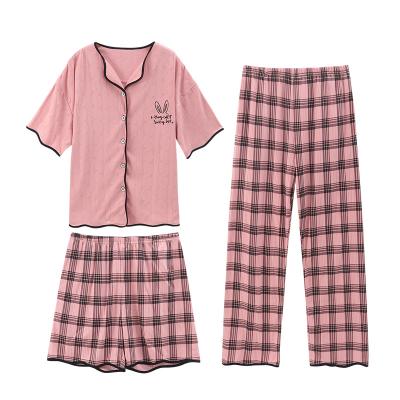 China New QUICK DRY summer pajamas style cardigan home three piece women's sleepwear soft simple loose suit for sale