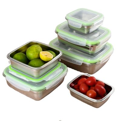 China Food Grade 304 Stainless Steel Microwavable Food Container Fresh-Keeping Square Three Piece Sealed Lunch Box for sale