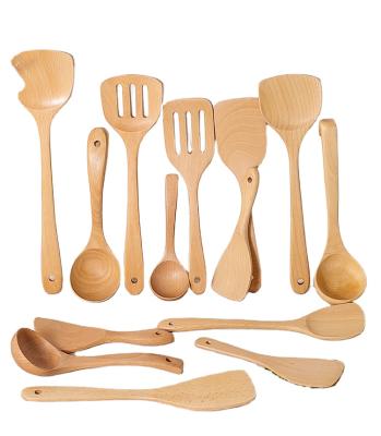 China Stocked Rice Spoon Set Wooden Beech Pan Wood Non-stick Kitchen Spoon Spatula for sale