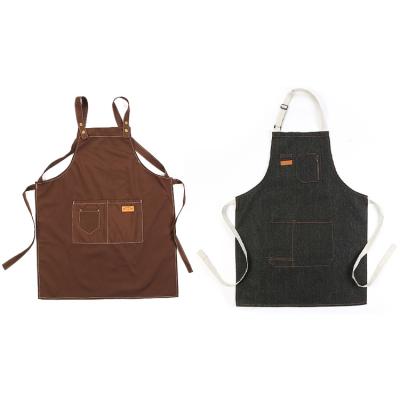 China Quality casual denim and leather salon Barber Apron with custom logo for sale