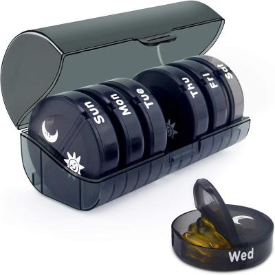 China Daily 7 Day Pill Storage Fish Oil Weekly Supplement Pill Box Round Medicine AM/PM Organizer For Vitamin for sale