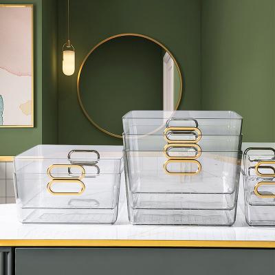 China Gold Desktop Sustainable Home Plastic Bathroom PET Durable Transparent Storage Organizer Box With Handle for sale