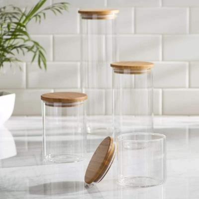 China Various Sizes Freshness Preservation Multi-Use Candy Canister Container Clear Bamboo Glass Food Storage Organizer with Lid for sale