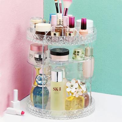 China Large Clear Transparent 360 Degree Stocked Rotating Cosmetic Storage Box Makeup Organizer With Tray for sale