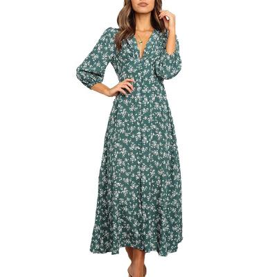 China Anti-Static European American Spring Autumn Floral Lantern Long Sleeve Button Up High Waist Women Dress for sale