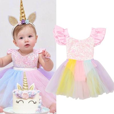 China Cotton Summer Romper Dress For Babies Babi Birthday Colorful Sequin Mesh Backless Dress One Piece Clothing for sale