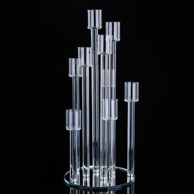 China Home Decoration Wedding Table Centerpiece 9 Arm Candelabra Crystal Glass Column Candelabra Glass Wedding Centerpiece for sale