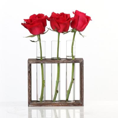 China Home Decoration Glass Vase Hanging Morden Style Wooden Vase Antique Wooden Frame Test Tube Clear Tabletop Vase for sale