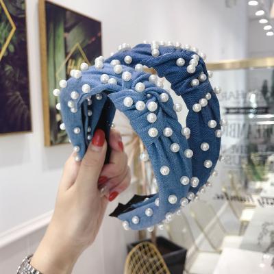 China Hot Selling Fashion Women's Headband RARA Women's Headband RARA Hot Sale Korean Wide Edge Fabric Bead Tied Denim Headband for sale