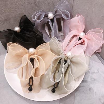 China Korean Fabric RARA Fashion Ins Women Hair Accessories Beads Hairpin Organza Bow Banana Hair Clips for sale