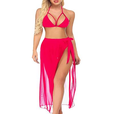 China Women's Breathable Special Sexy Swimwear Wholesale Cloth Waist Halter Top Three Piece Bikini New Print Lace Up Swimsuit for sale