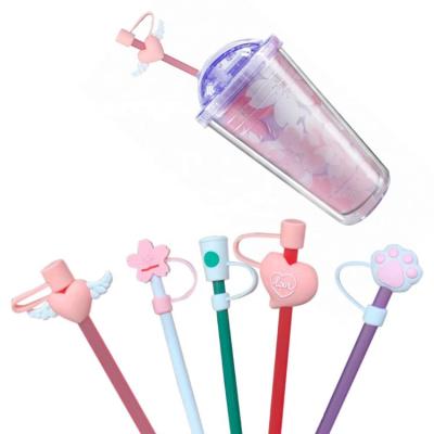 China Straw Decoration Lids Reusable Dustproof Drinking Straws Wholesale Stocked Tips Covers Silicone Cartoon Drinking Straw for sale