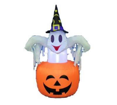 China Ourwarm Halloween Disposable Eco-friendly / Waterproof Ornament Led Blow Ups Yard Decoration Custom Outdoor Inflatable Pumpkin Ghost With Witch Hat for sale