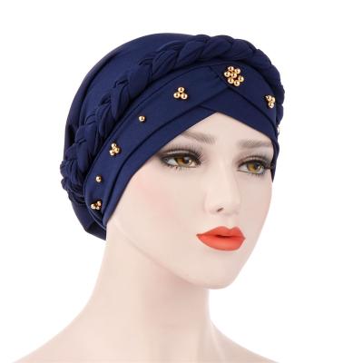 China Character Women Ladies Hair Loss Stretch Turban Hats Cancer Chemo Hat Solid Color Braid Muslim Beanie Bonnet Hat Head Scarf for sale