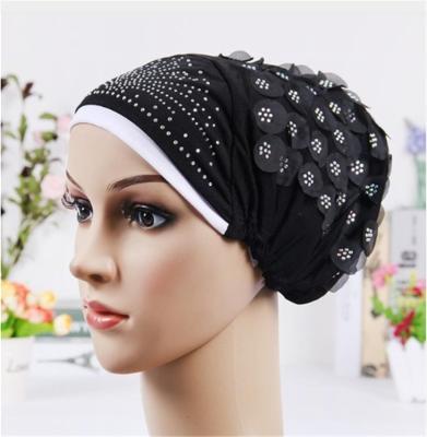 China New Character Fashion Ladies Bead Decorative Muslim Knot Hat Flower Hair Net Bandana Hat Breathable Black Flower Hat for sale