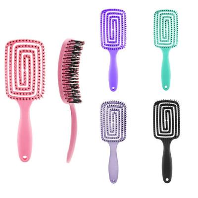 China Home Plastic Handle Massage Hair Brush With Spray Paint Cavity Curved Hair Brush Detangling Brush With Soft Bristles for sale