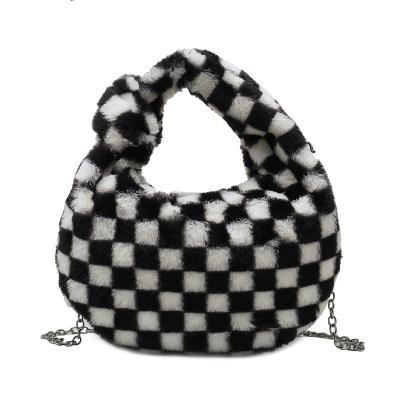 China Fashion Checkerboard Purses Chains Designer Plush Shoulder Messenger Bag Hairy Fur Bags Women Handbags Ladies for sale