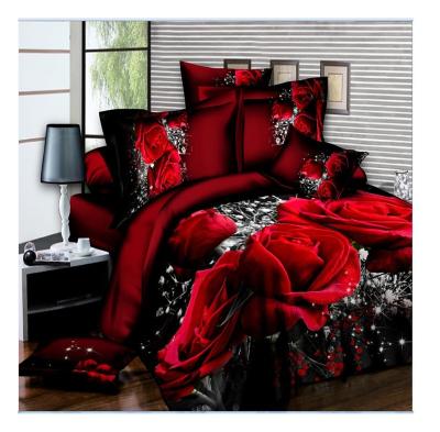 China Nondisposable Black Home Textile Red Rose Microfiber 3D Queen Size Comforter Sets, Elegant Quilted Sheet Set Bedding Sets for sale