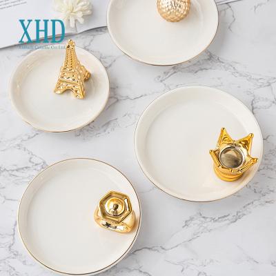 China Minimalist Trinket Tray Amazon Hot Sale Custom Logo Printed Golden Edge Ceramic Ring Trinket Dish Jewelry for sale