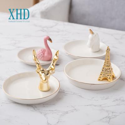 China Unicorn Jewelry Box Tray Display Minimalist Gold Ceramic Ring Holder Dish Ceramic White for sale