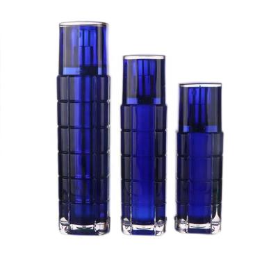 China 30ml 50ml 100ml Cosmetic Blue Square Acrylic Essence Emulsion Serum Lotion Pump Bottle for sale