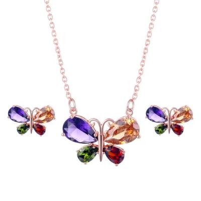 China Butterfly Color Crystal Necklace and Earring Set New Listing Environmental Copper Color Simple Design Butterfly Earrings Crystal Necklace and Earring Set for sale