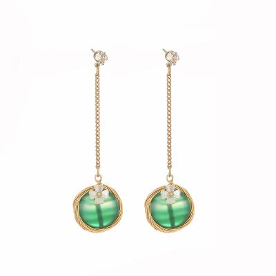 China High-grade jewelry earrings European and American retro trend silver green drop needle ladies 925 long earrings jewelry for sale